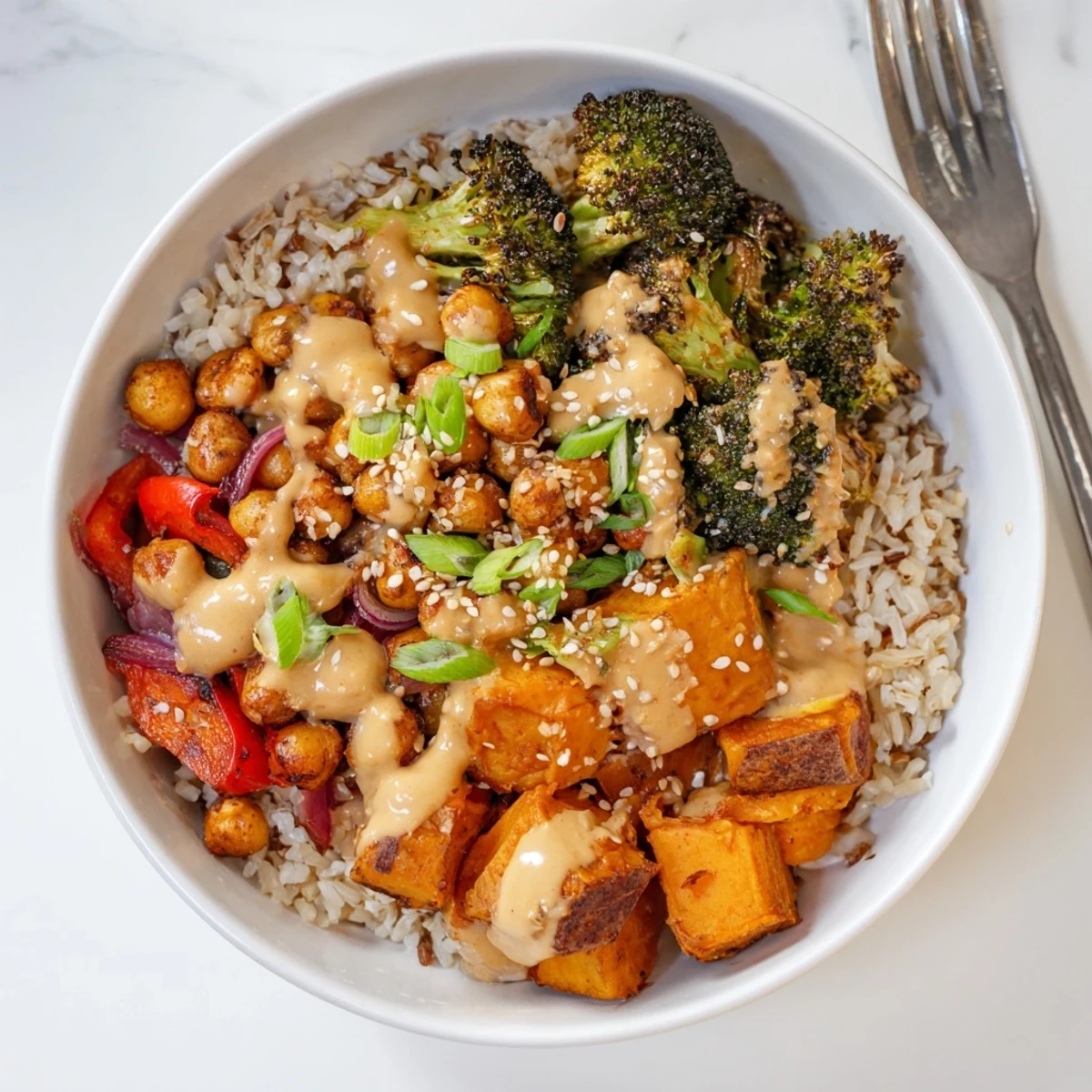 Vibrant Bold Sauce Drizzle Bowls topped with colorful roasted vegetables and chickpeas.  