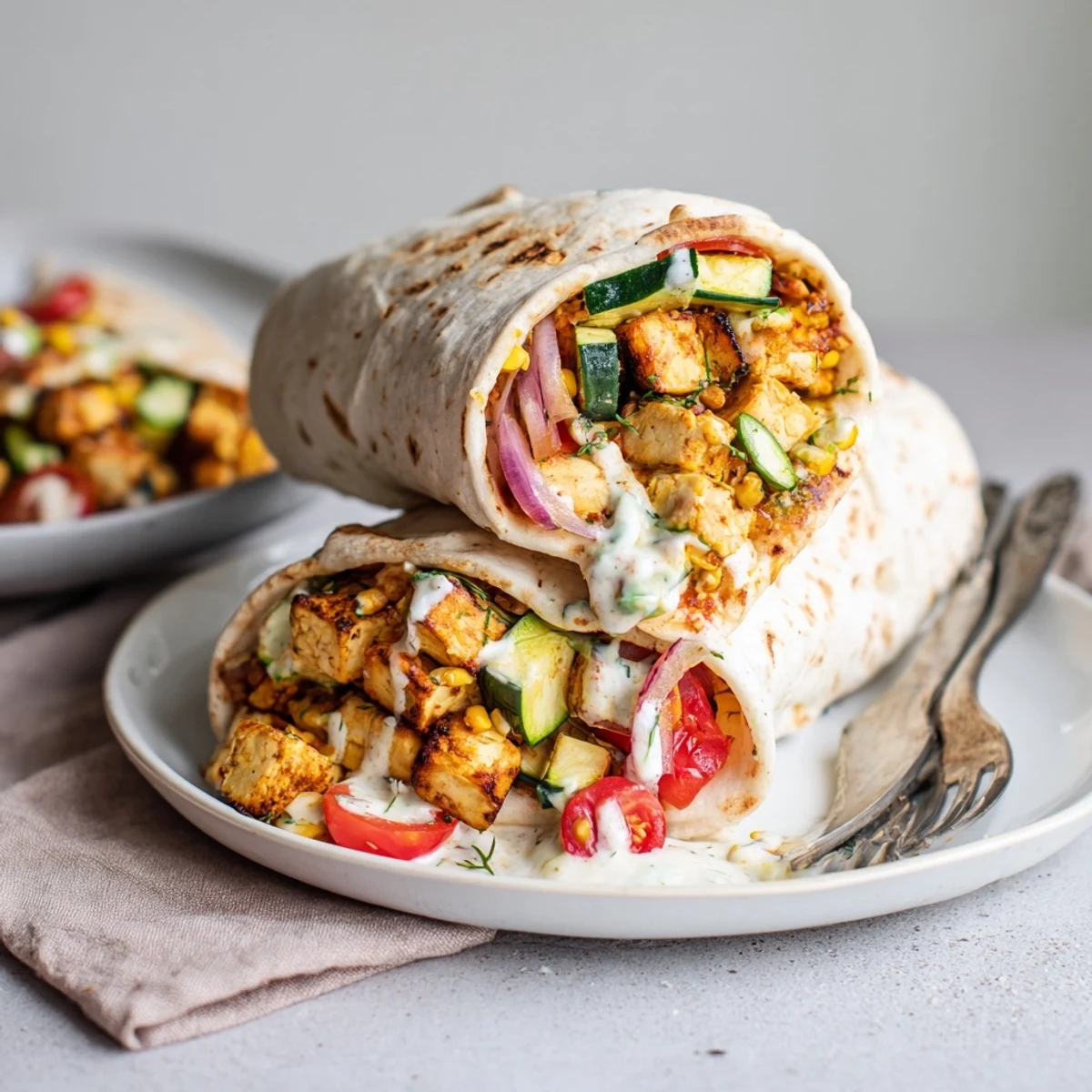 Vibrant vegan viral recipe remake featuring roasted tofu and fresh vegetables in warm wraps.  