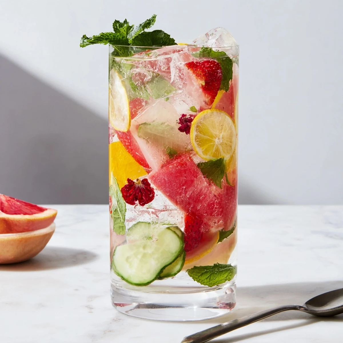 Refreshing Water-Based Mocktails with vibrant fruits and herbs in chilled glasses.  