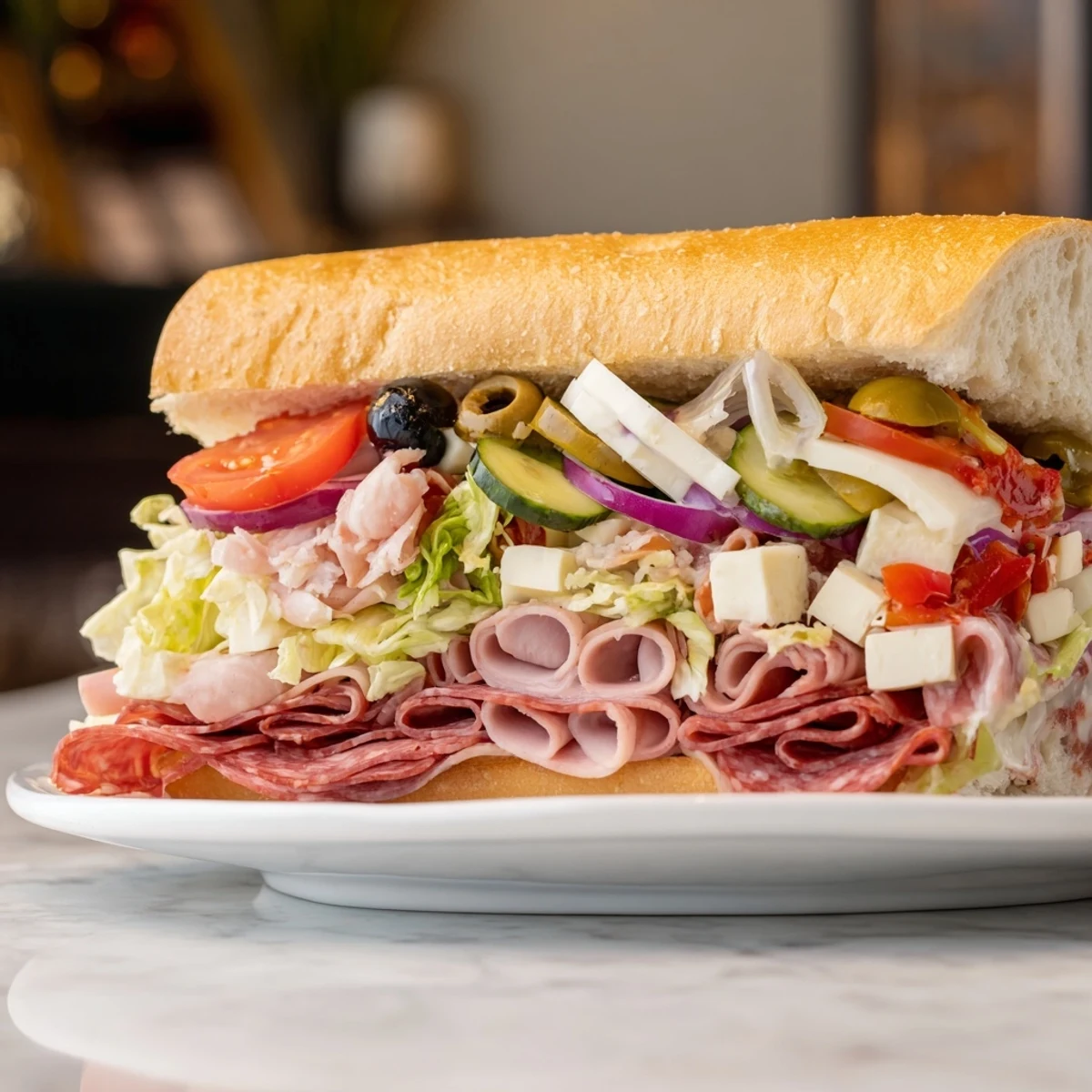 Delicious Flavor Mash-Up Sandwiches stacked high with layered meats and vibrant veggies.  