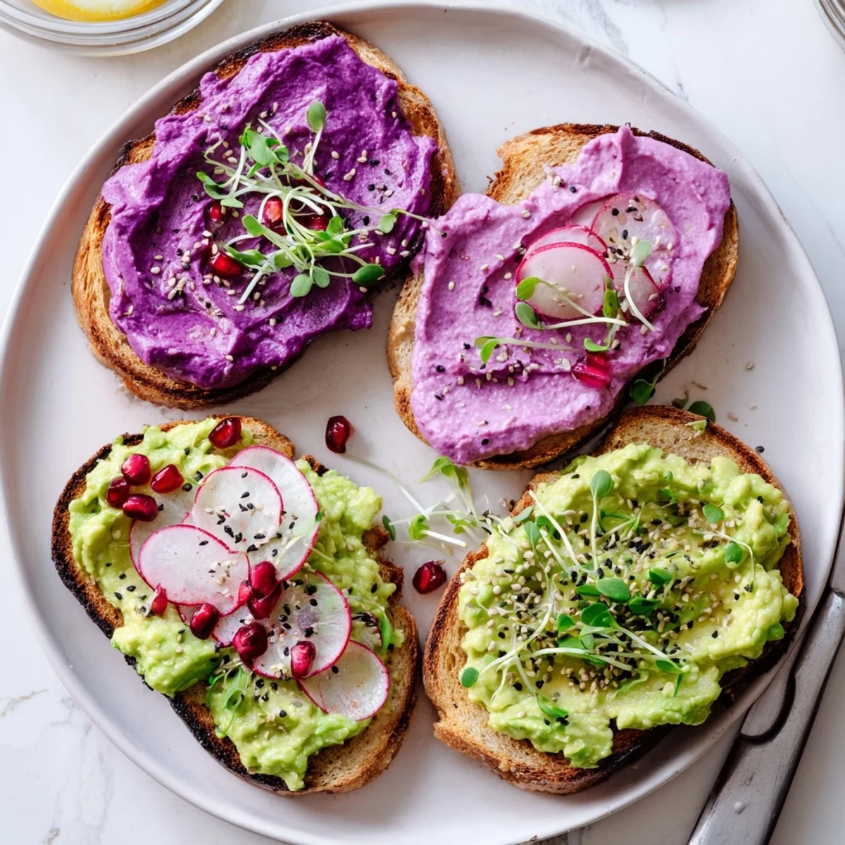Bright & Bold Breakfast Toasts topped with ube, avocado, and vibrant garnishes for breakfast.