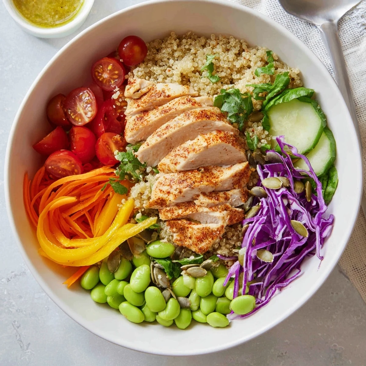Vibrantly layered healthy meal-prep bowls showcasing colorful veggies and lean chicken.  