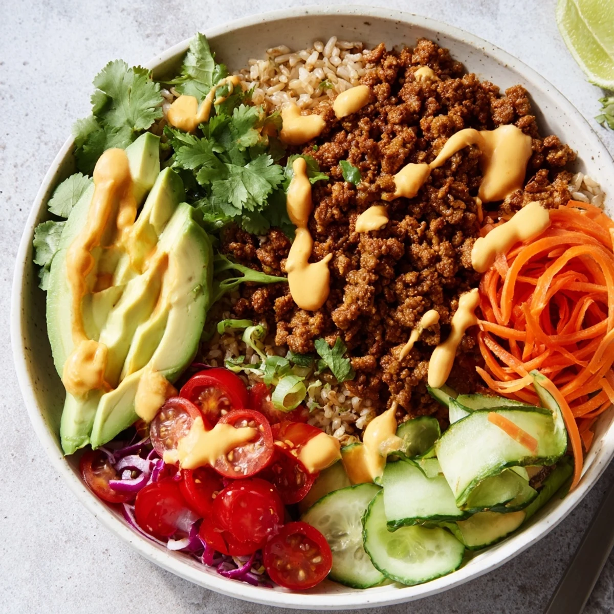 A colorful plant-based meat bowl topped with fresh veggies and vibrant flavors.  