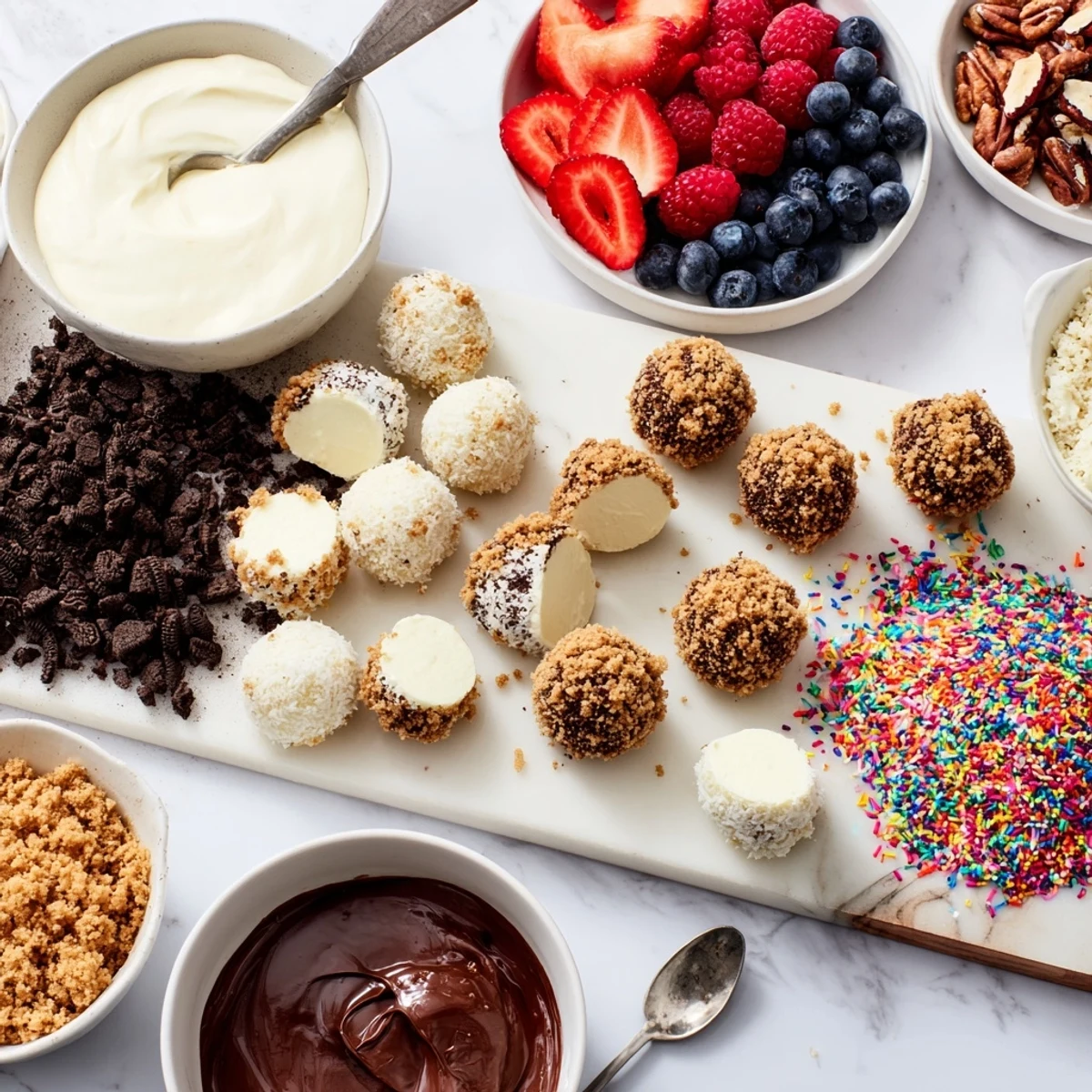 A colorful deconstructed dessert board showcasing cheesecake bites with fresh fruit toppings.  