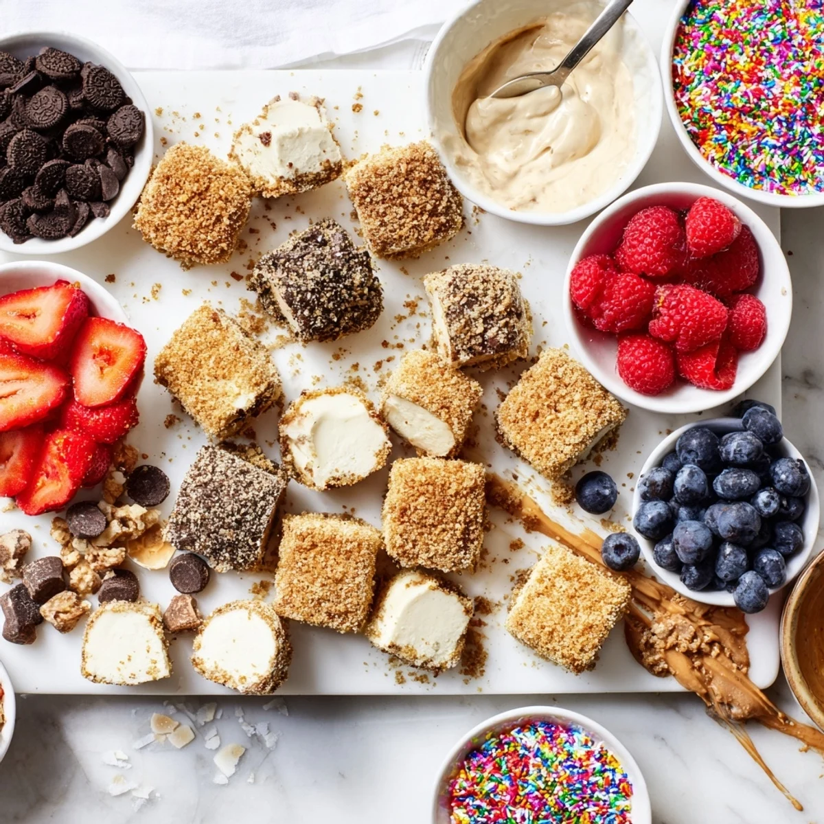 Creamy cheesecake bites artfully arranged on a platter with delightful toppings for customization.  