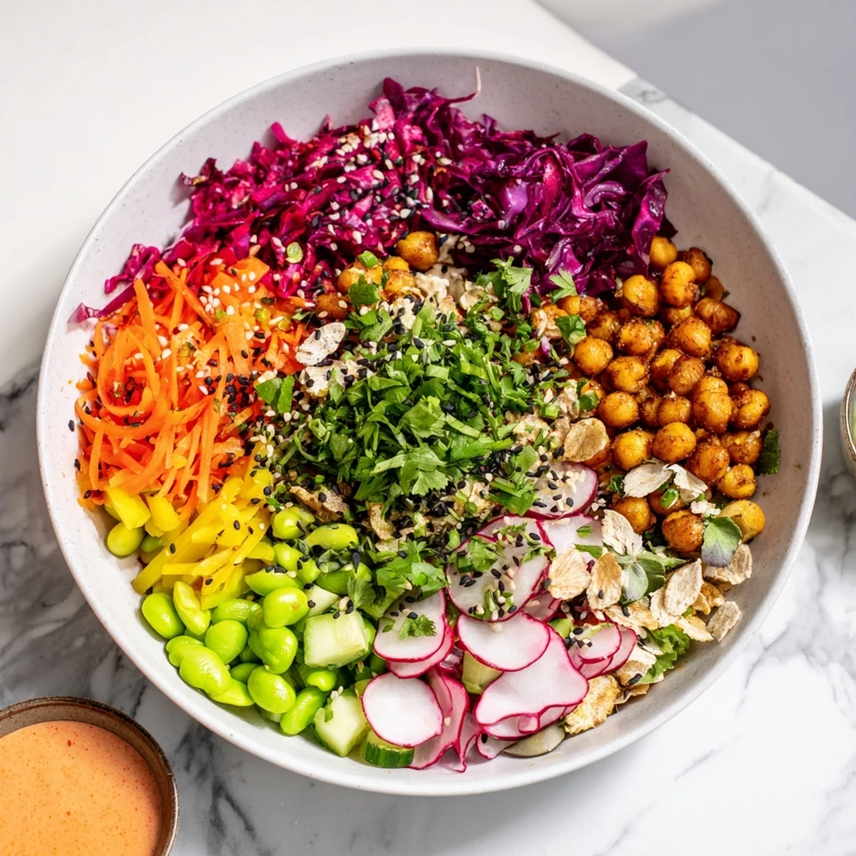 A colorful ASMR Crunch Snack Bowl filled with fresh veggies and crispy toppings.  