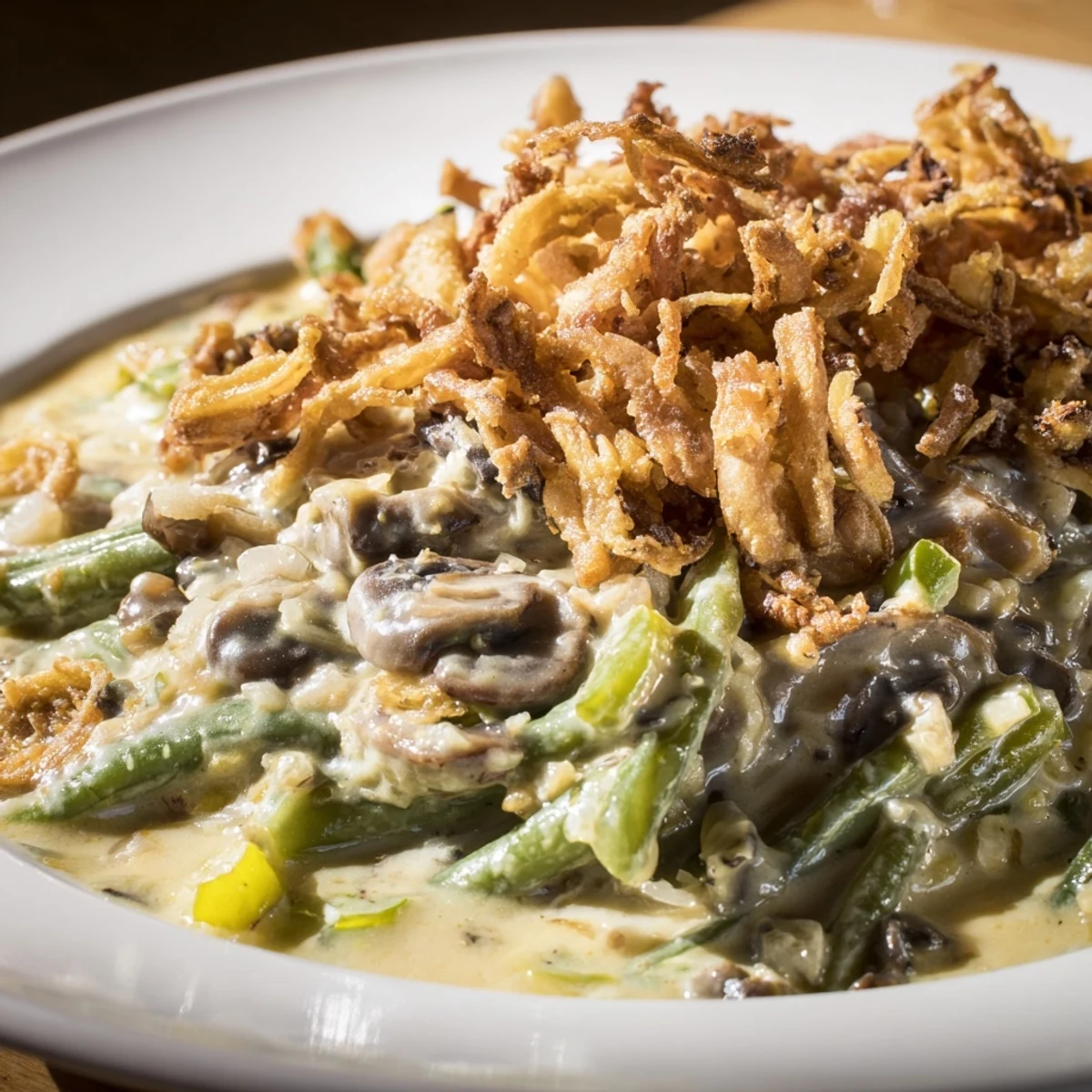 A delicious Old-School Green Bean Casserole topped with crispy fried onions awaits you.  