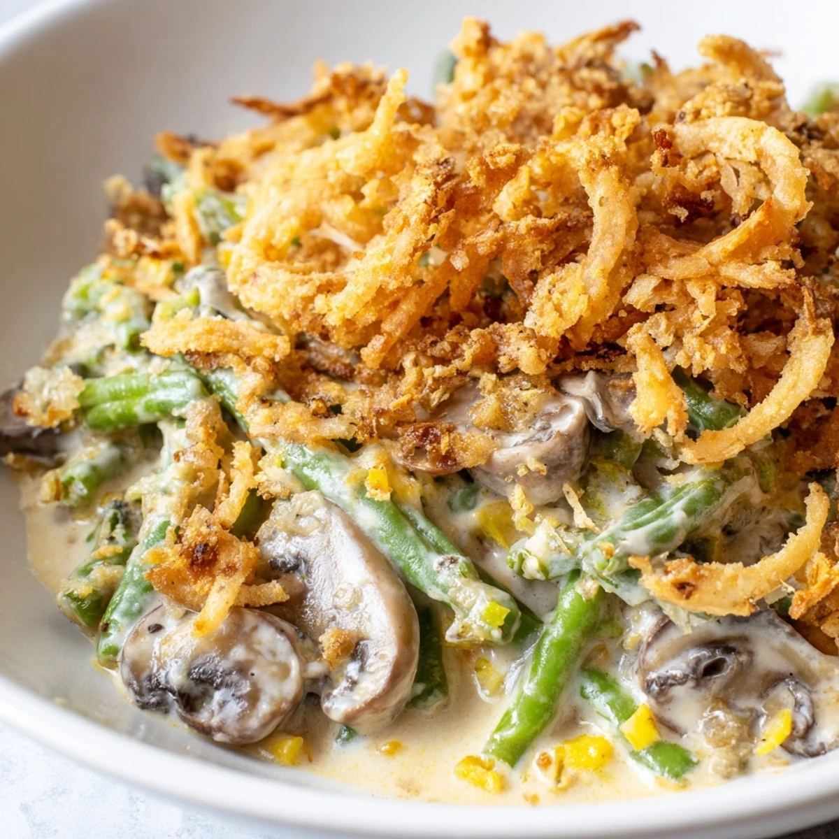 Nostalgic Old-School Green Bean Casserole served with a festive twist on comfort.