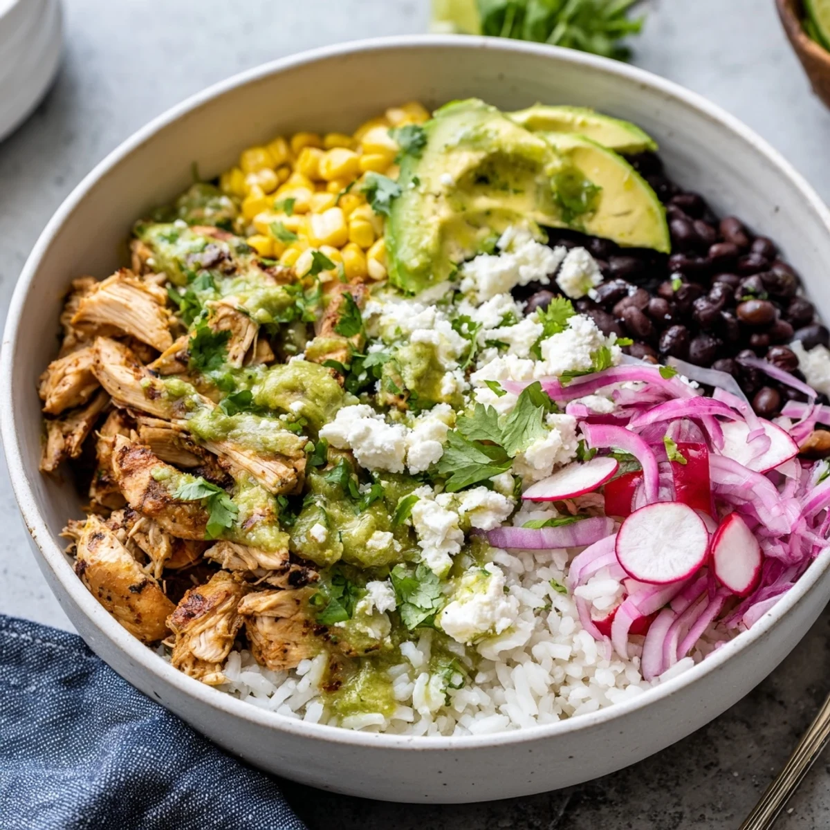 A colorful Green Enchiladas Rice Bowl topped with fresh avocado and cilantro.  