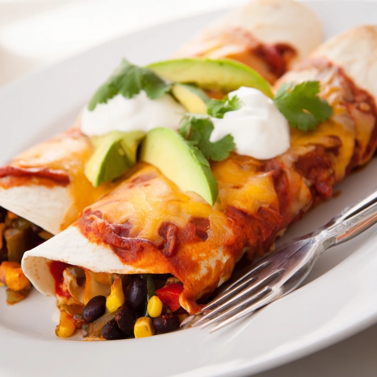Vibrant Farmers Market Vegetarian Enchiladas topped with melted cheese and fresh avocado slices.  