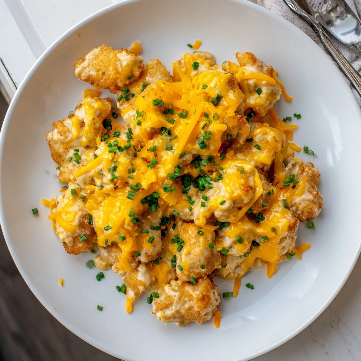 Golden Cheddar Ranch Chicken Bake garnished with fresh chives, perfect for family dinners.  