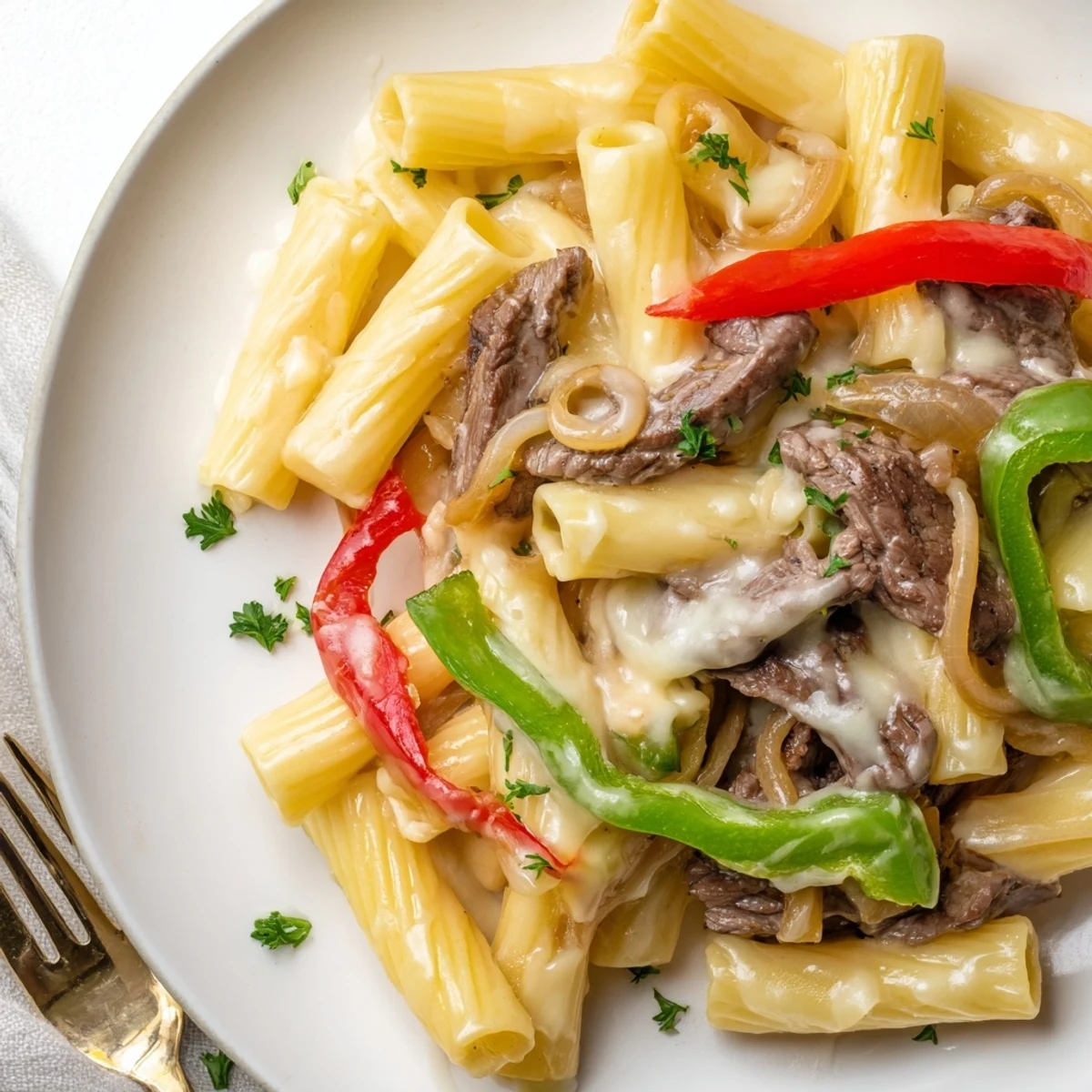 Delicious Philly Cheese Steak Pasta topped with melted cheese and fresh parsley garnish.  