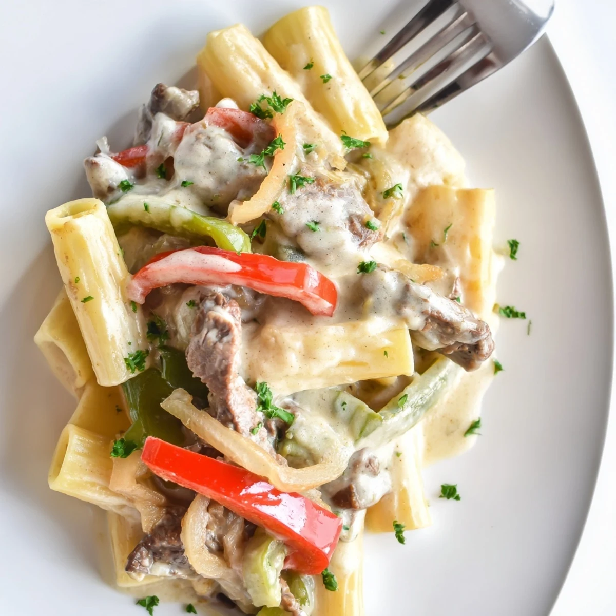 Hearty Philly Cheese Steak Pasta featuring sautéed veggies and rich, velvety cheese sauce.