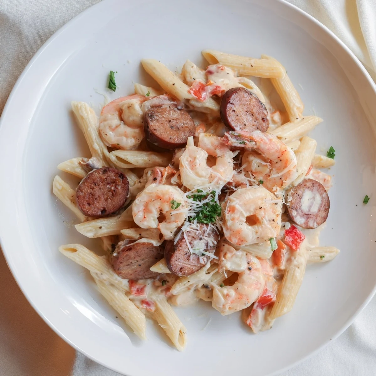 Creamy Cajun Sausage & Shrimp Alfredo Pasta Skillet garnished with fresh parsley and red peppers.  