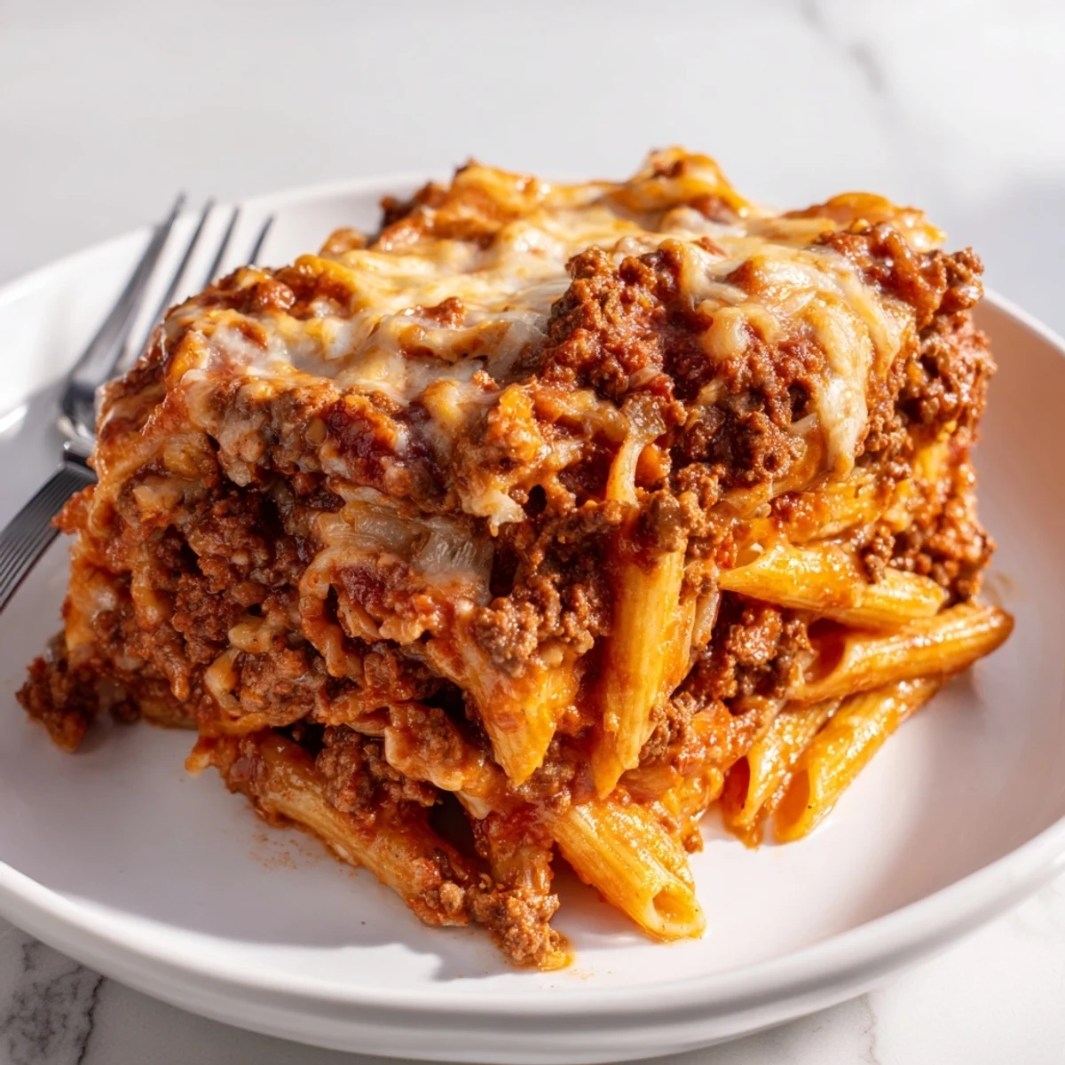 Cheesy Beef & Penne Bake garnished with herbs, a rich and comforting family meal.  
