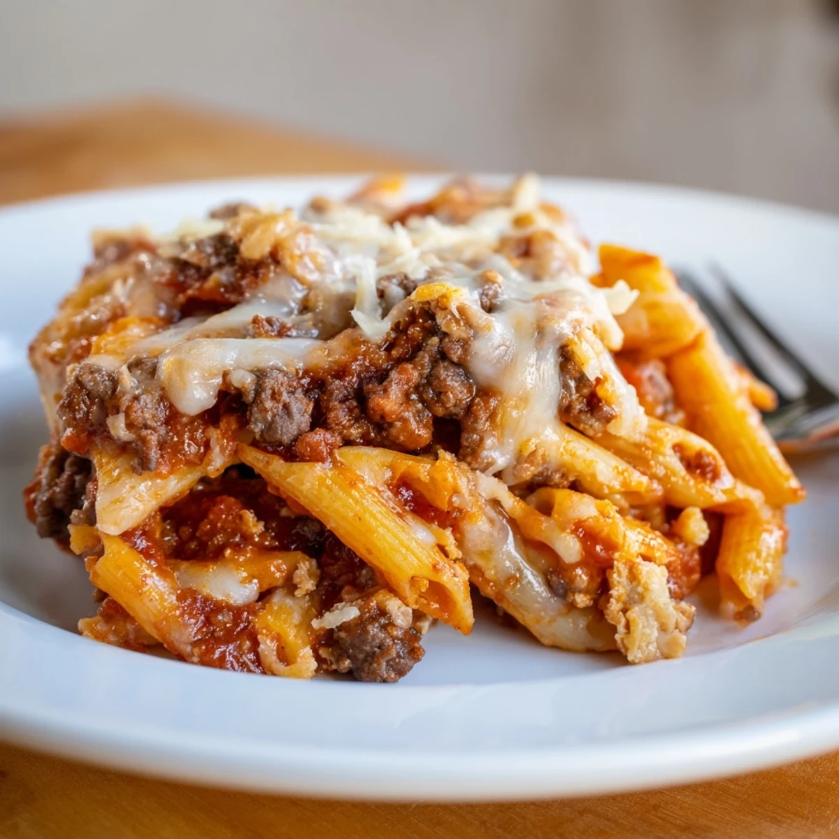 Golden melted cheese over savory Cheesy Beef & Penne Bake, perfect for potlucks.  