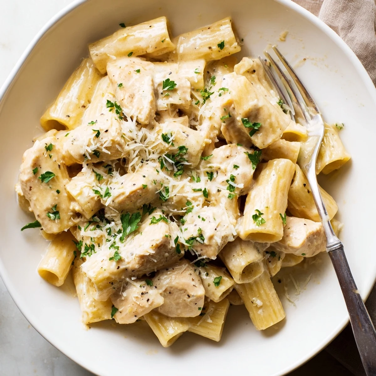 Creamy Garlic Parmesan Chicken Rigatoni in a rich sauce, topped with fresh parsley.  