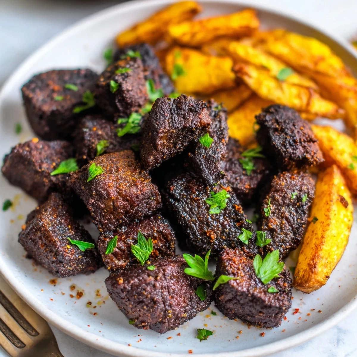 Juicy blackened Cajun steak bites served with crispy golden fries on a plate.  