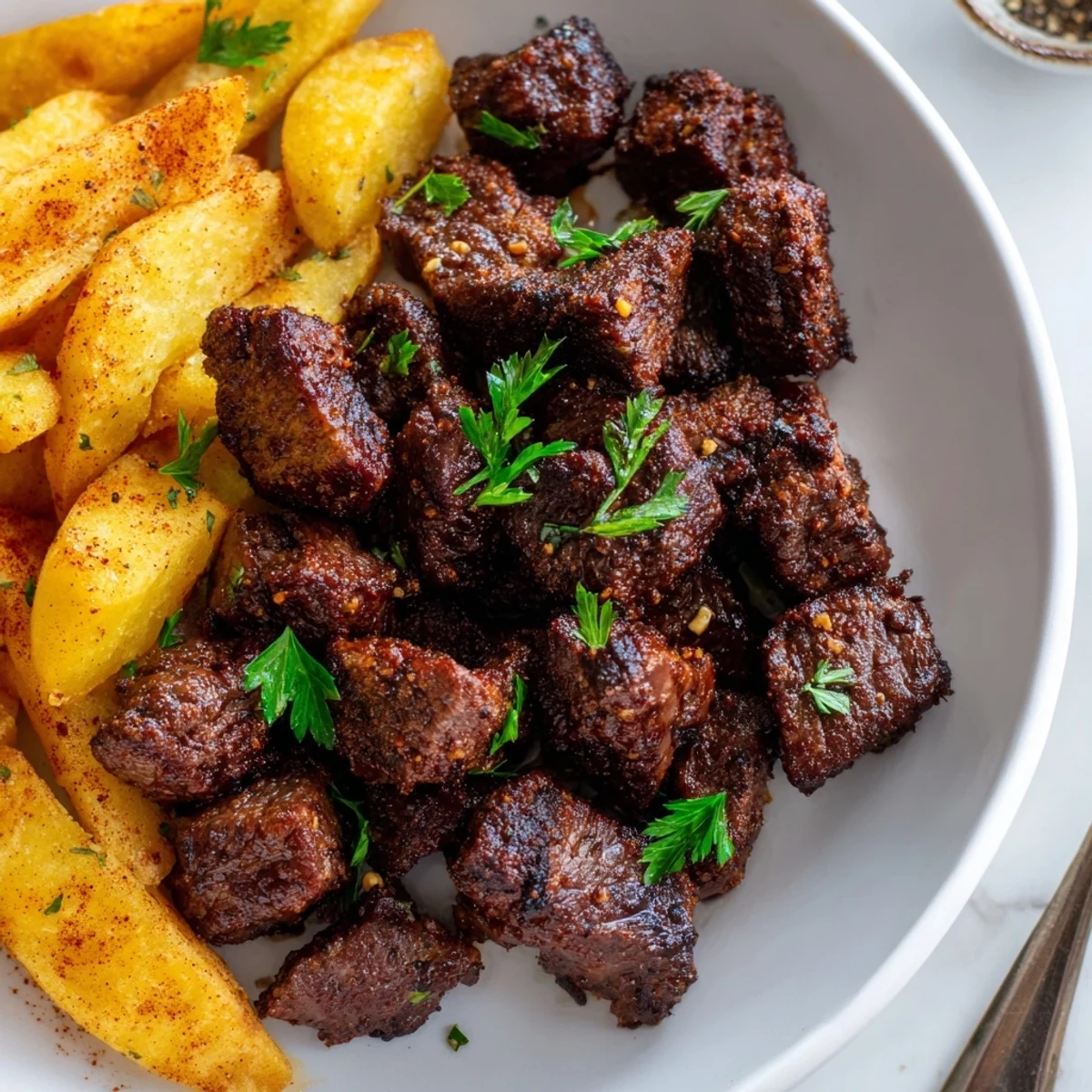 Tender blackened Cajun steak bites garnished with parsley and crispy fries for dipping.