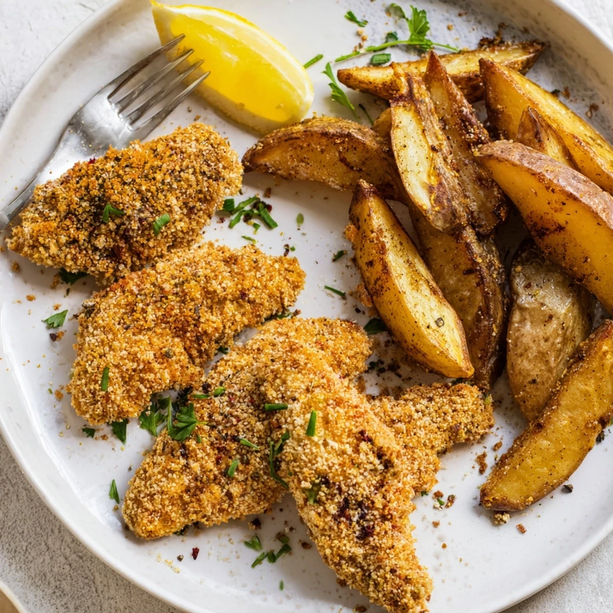 Juicy herbed chicken tenders served with crispy potato wedges on a plate.