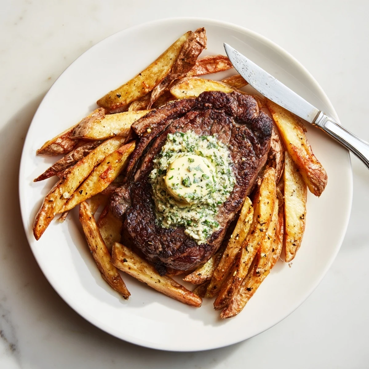 Perfectly seared Steakhouse Garlic Butter Steak with crispy fries and fresh herbs.  