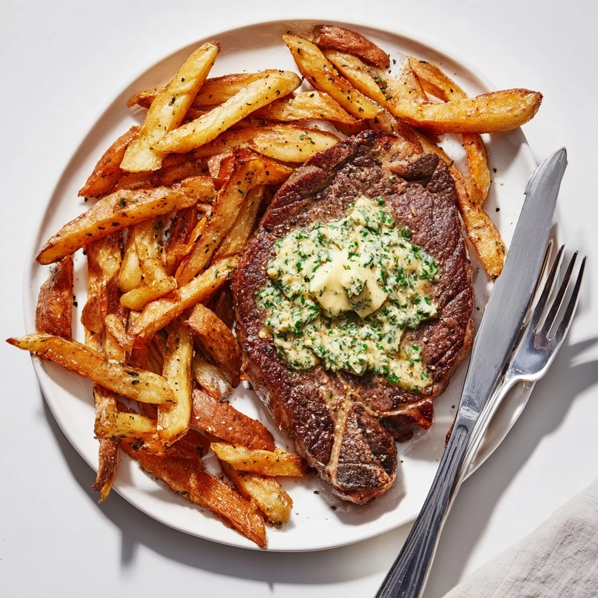 Juicy steak topped with rich garlic butter, served alongside golden, crunchy fries.  