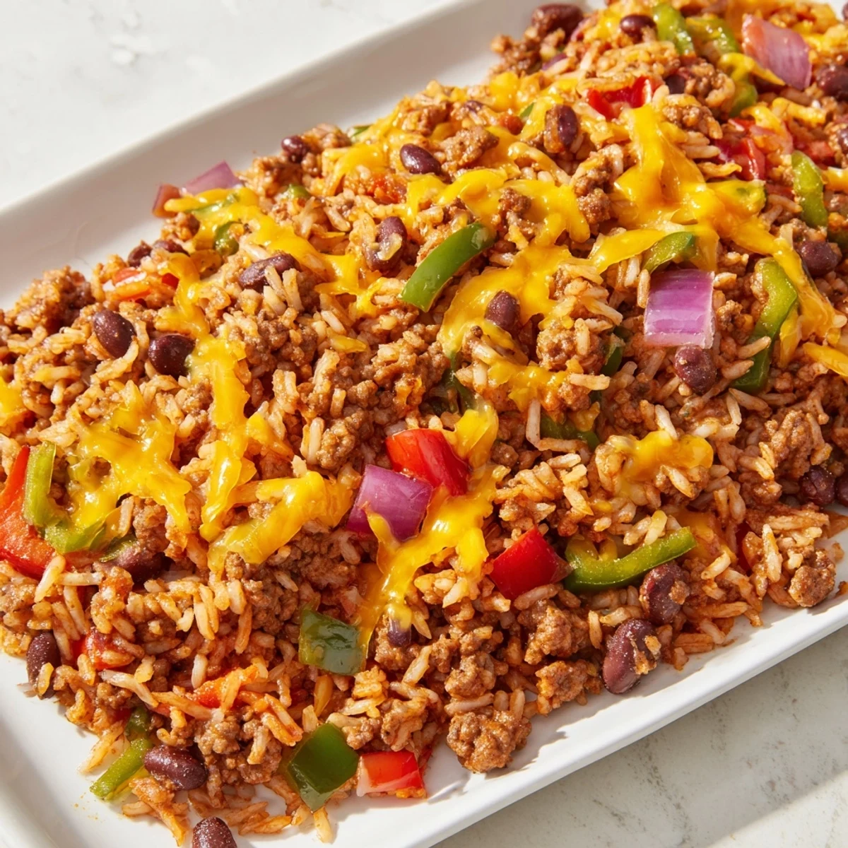 A close-up shot of a baked Tex-Mex Beef & Rice Casserole, showcasing layers of savory beef and beans.