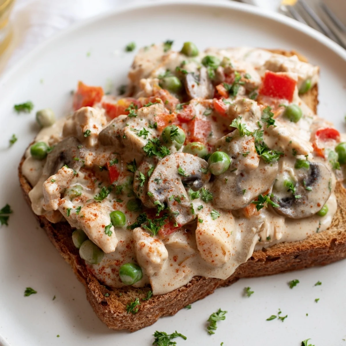 Creamy chicken à la king spooned over perfectly toasted bread, a comforting American classic.