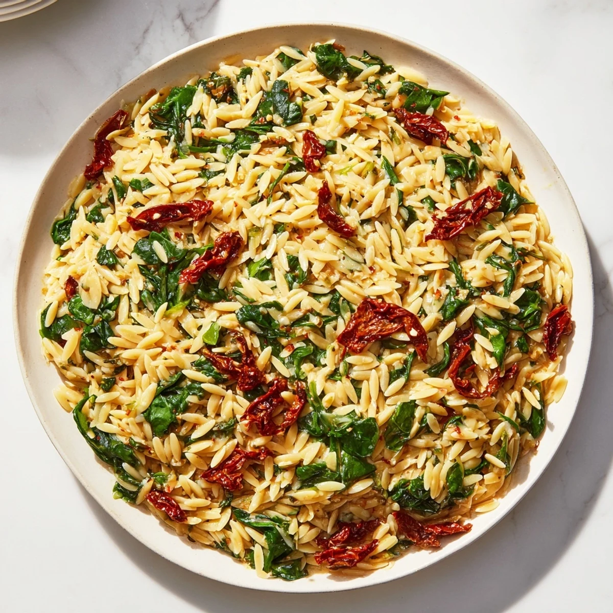 Creamy Tuscan Orzo Bowl with sun-dried tomatoes—a comforting vegetarian Italian main course dish.