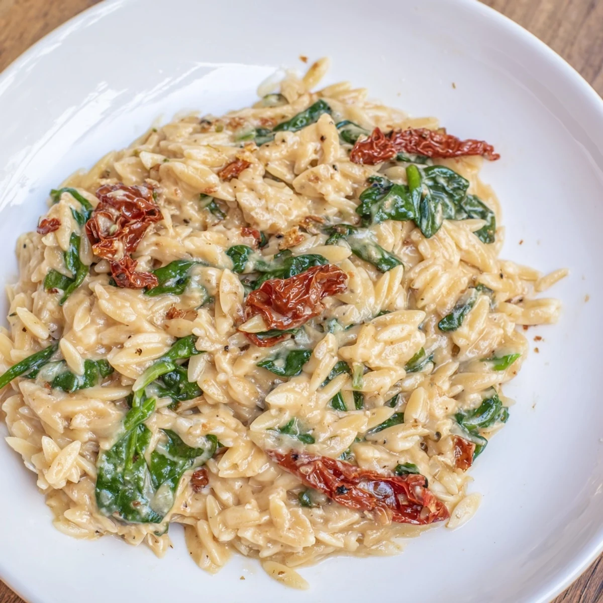 Delicious Creamy Tuscan Orzo Bowl with creamy sauce, inviting flavors of garlic and Italian herbs.