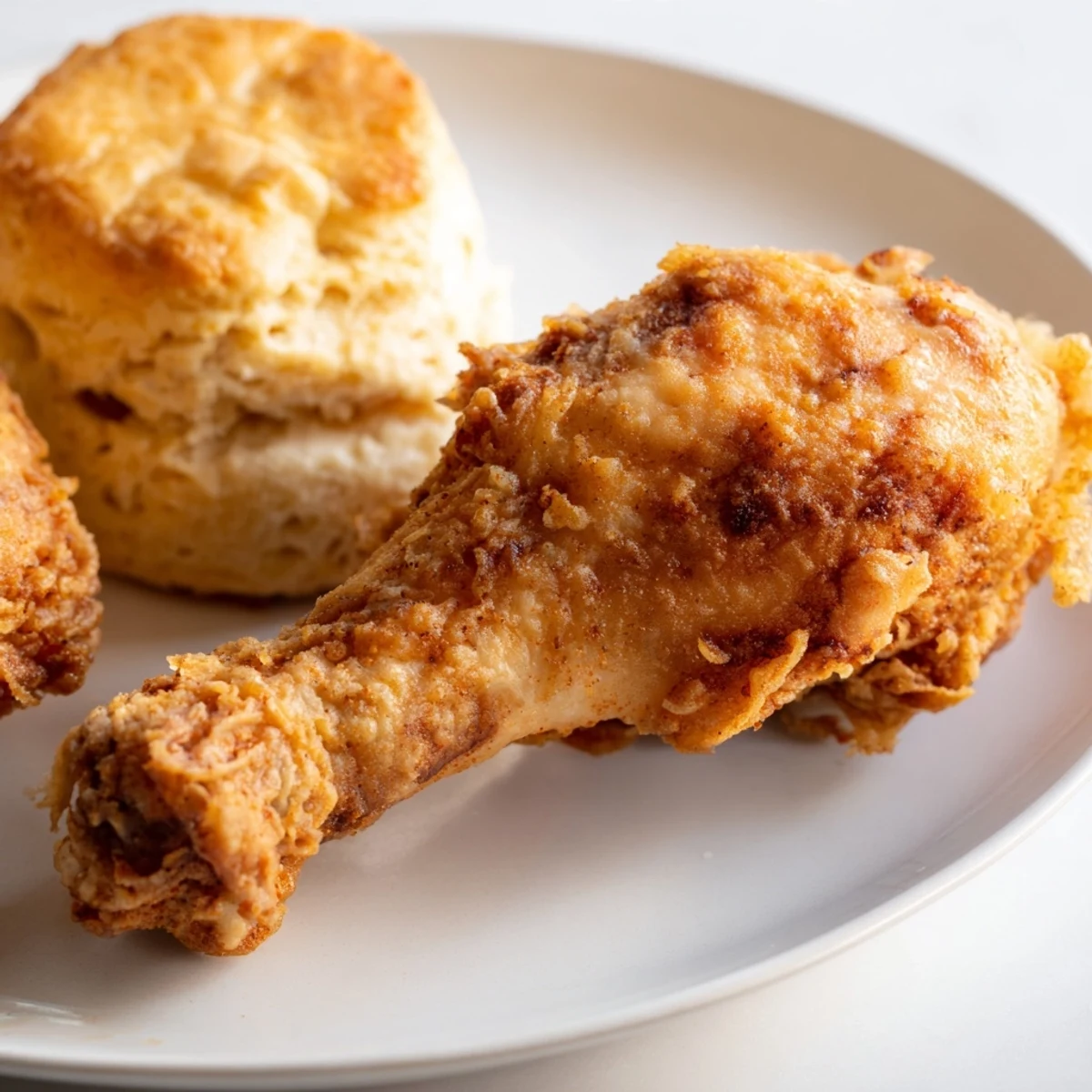 Golden, crispy Southern fried chicken beside fluffy buttermilk biscuits, a comforting feast.