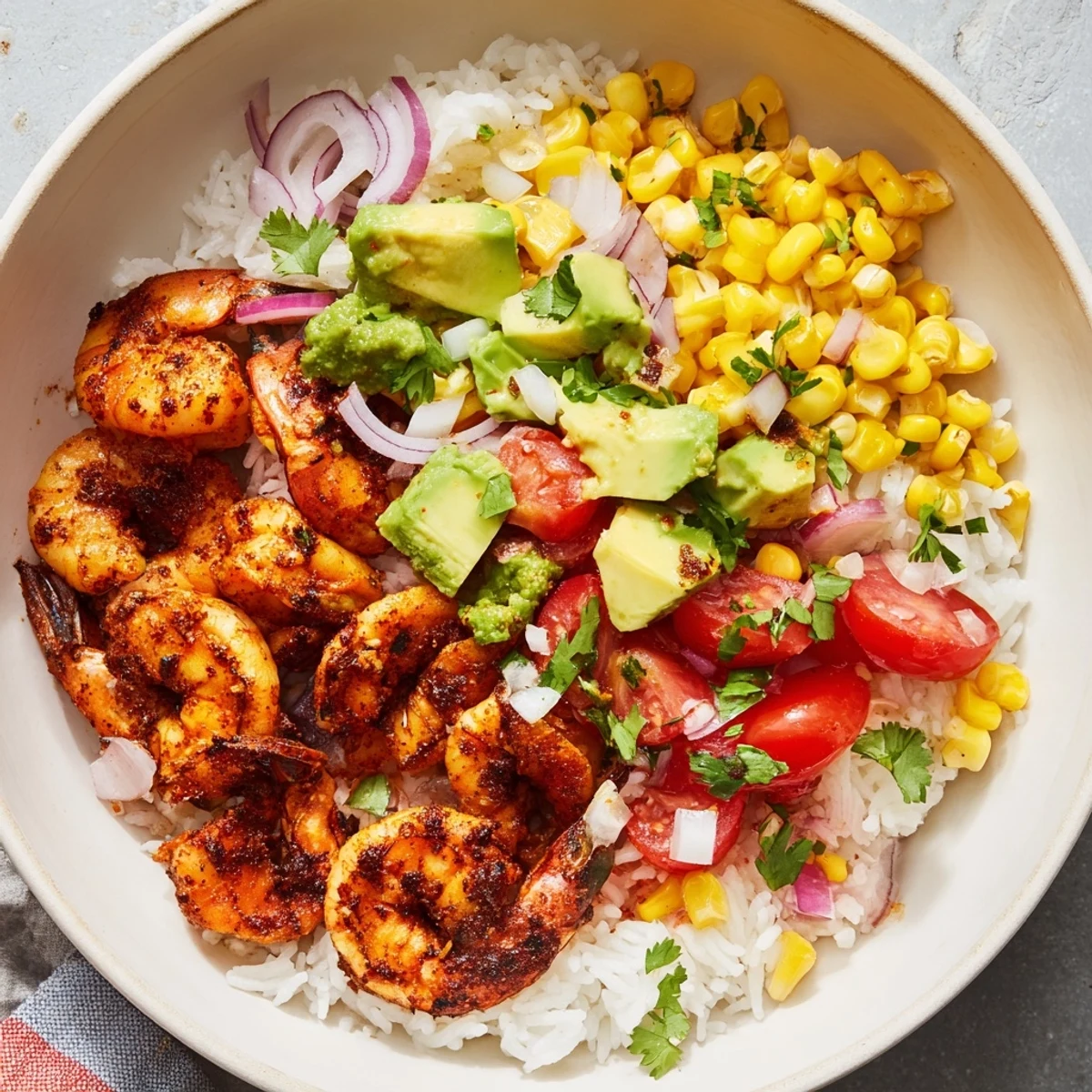 A delicious Easy Grilled Shrimp Bowl, showcasing glistening shrimp with sweet corn salsa resting on fluffy rice.