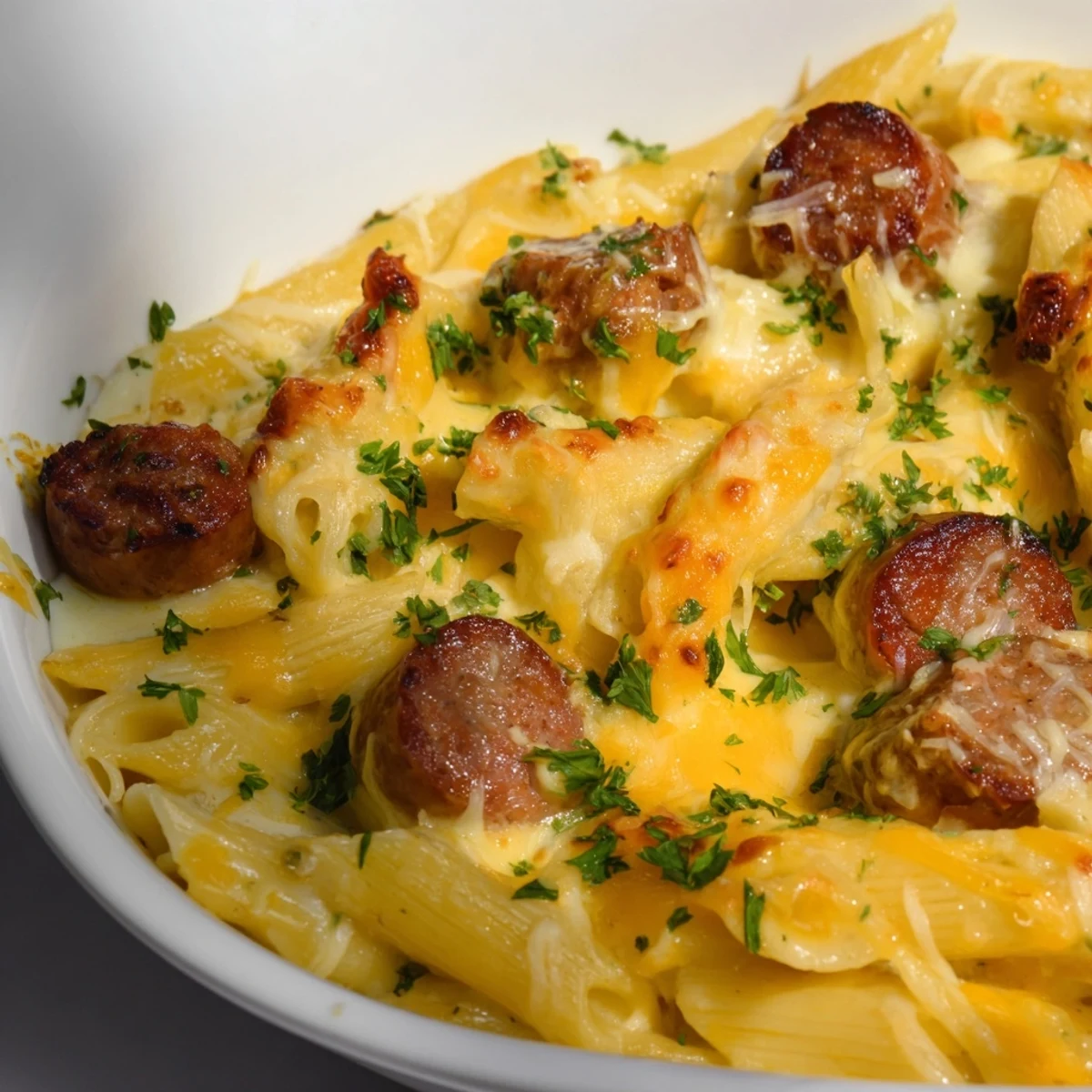 A close-up of a creamy Smoked Sausage & Cheddar Pasta Bake, showcasing the melted cheese and sausage.