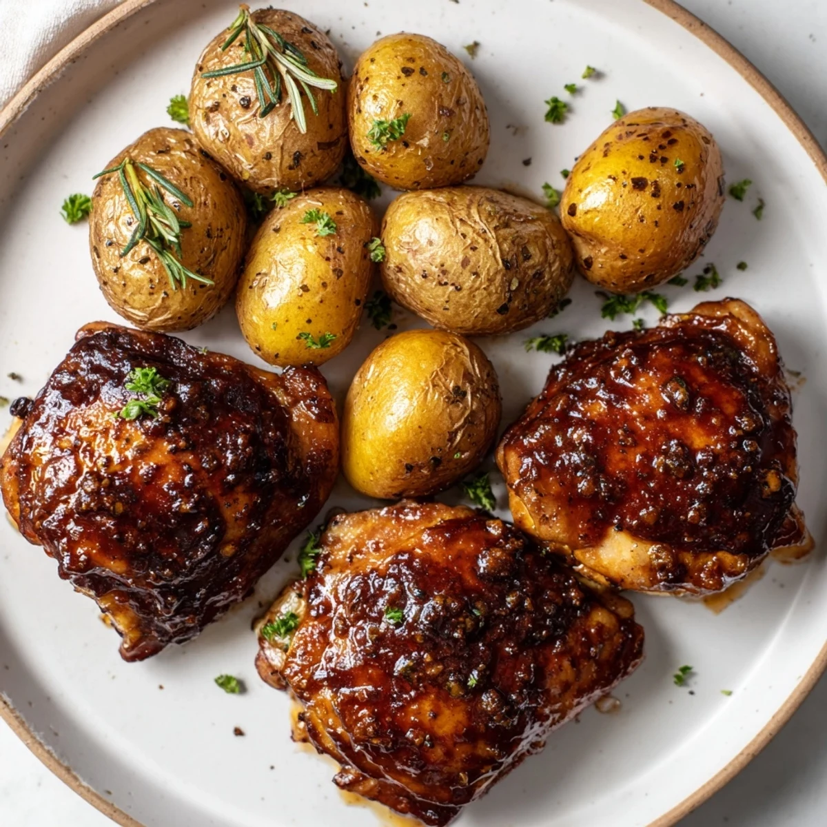 Golden brown honey mustard chicken thighs alongside perfectly roasted potatoes for a flavorful meal.
