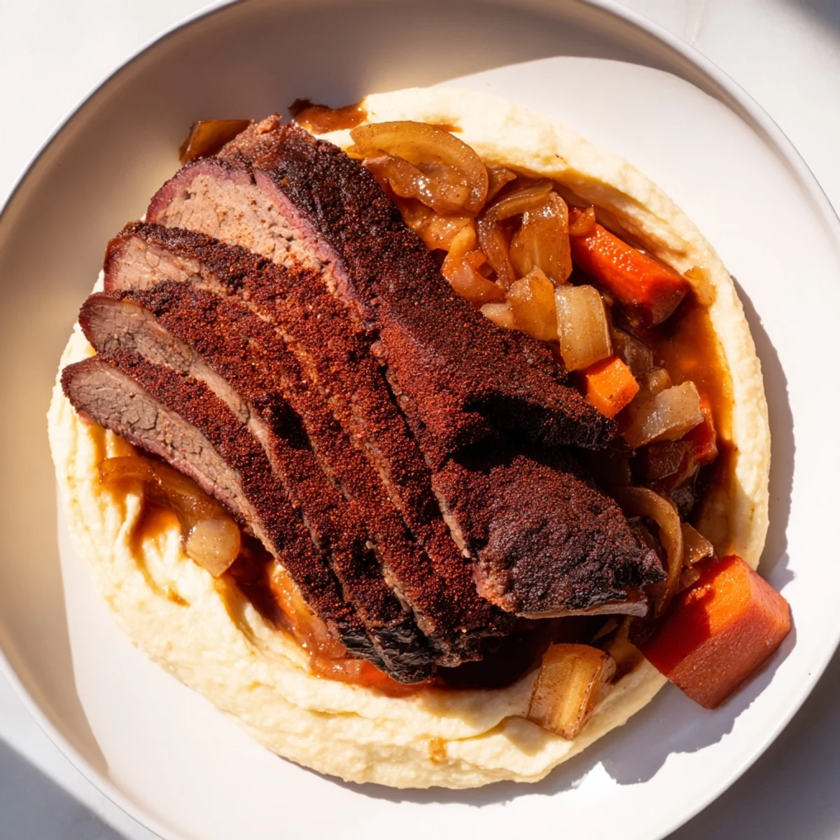 Tender slices of classic brisket sit atop creamy, savory mashed sweet potatoes.