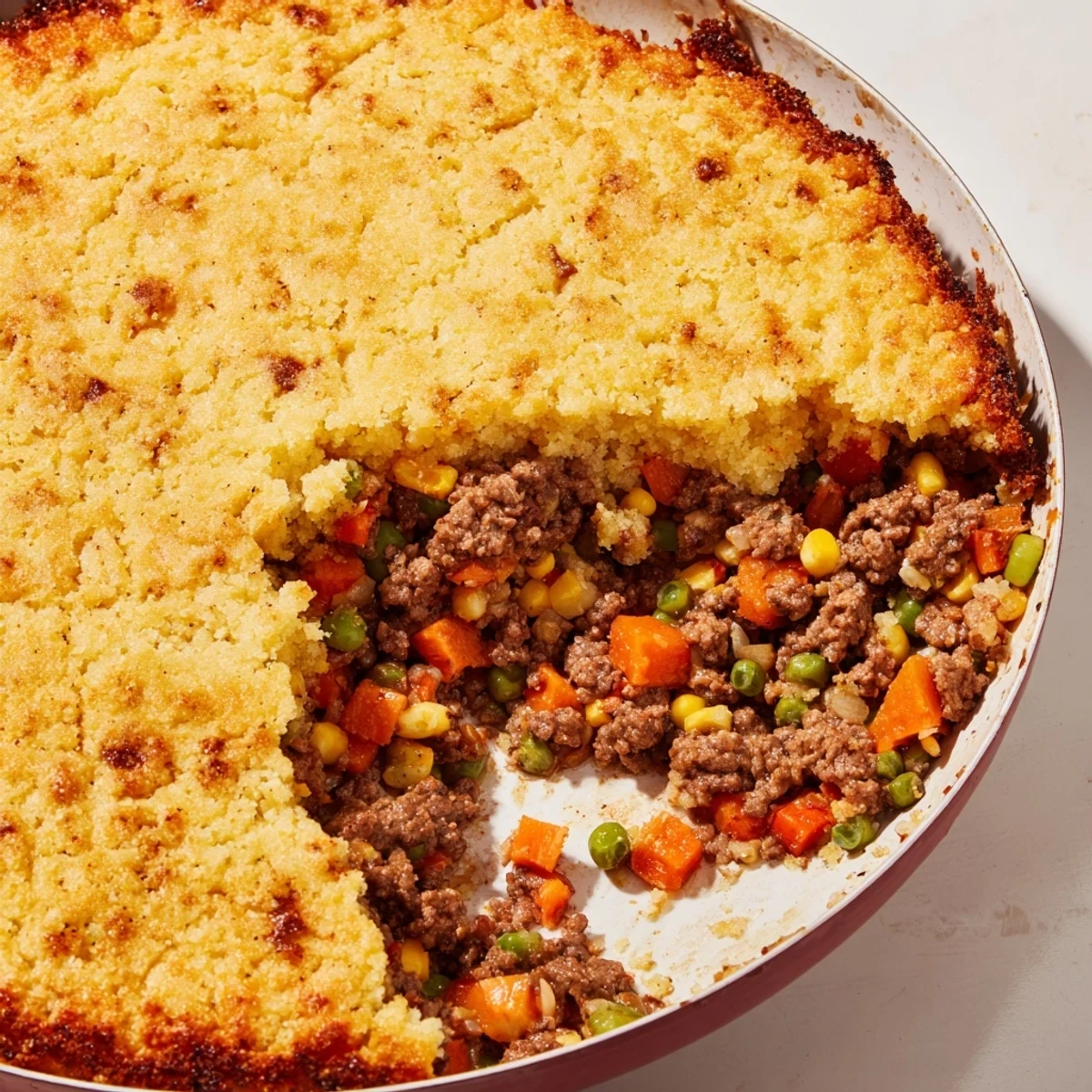 A close-up of a bubbling Cornbread Crusted Beef Pie, showing the fluffy golden cornbread.