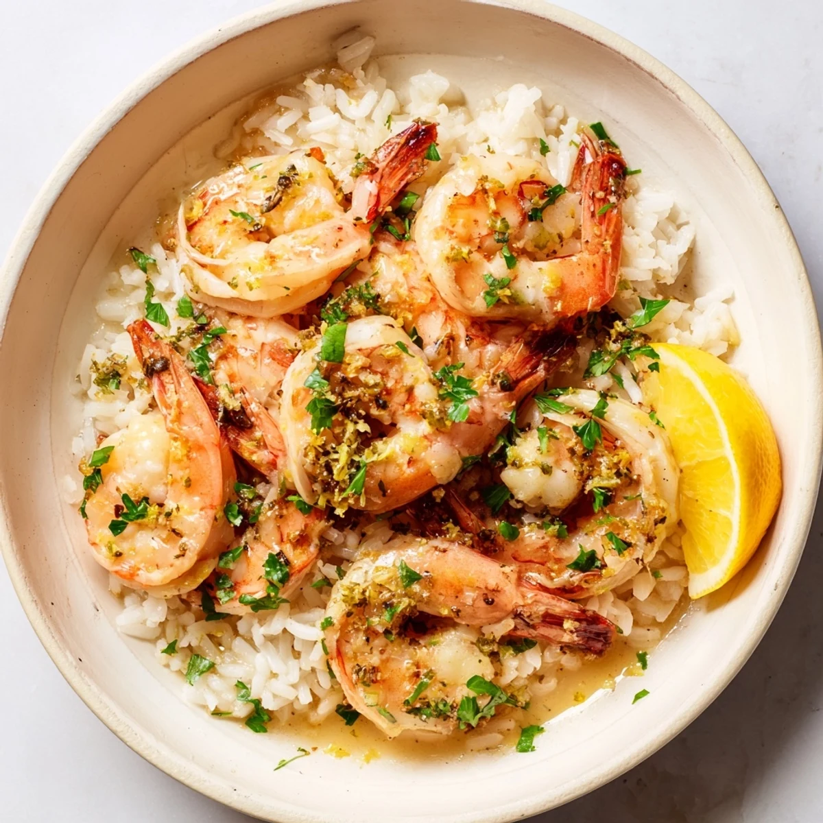 Flavorful garlic butter shrimp nestled on a bed of fluffy rice, a delicious and easy American recipe.