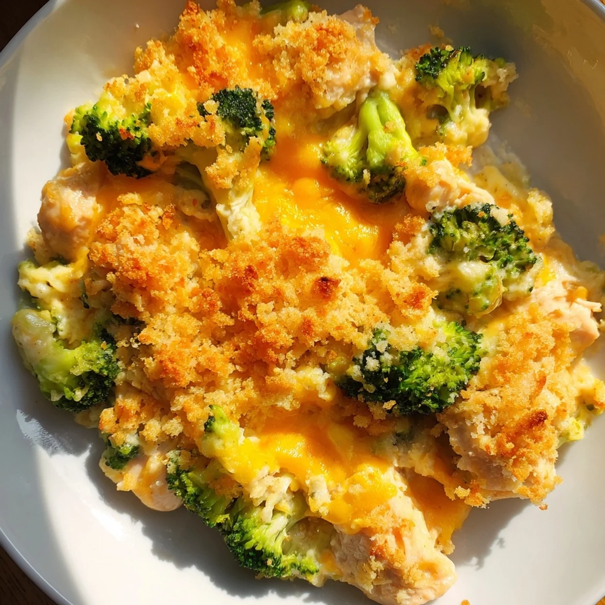 Golden, bubbly Cheddar Broccoli Chicken Bake fresh from the oven, offering cheesy comfort.