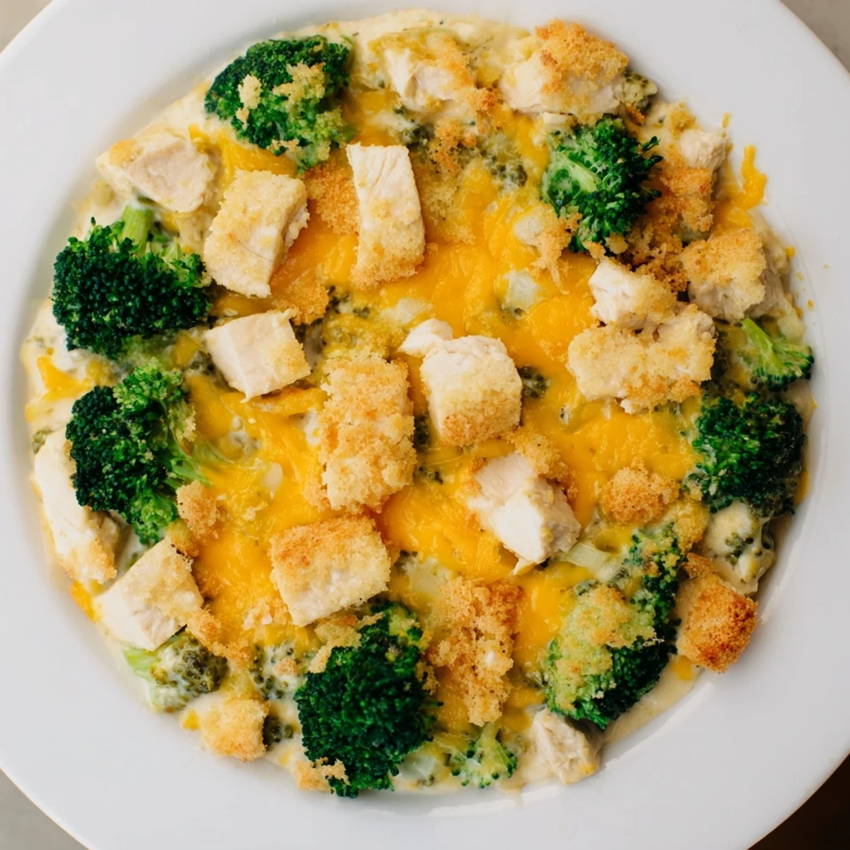 Close-up of a bubbling Cheddar Broccoli Chicken Bake, topped with crispy breadcrumbs and melted cheese.