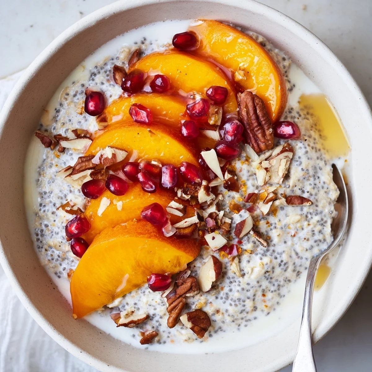 Creamy Overnight Oats with persimmon, pomegranate, and chia seeds, a colorful breakfast ready to enjoy chilled.