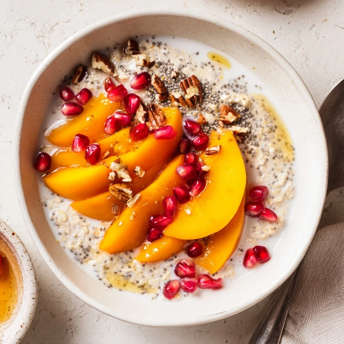A close-up of delicious Overnight Oats with persimmon, topped with pomegranate; perfect for a quick, nutritious start.