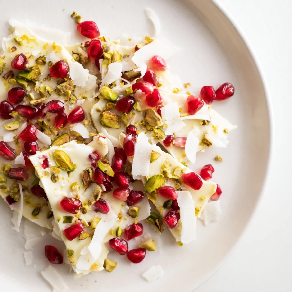 Vibrant frozen yogurt bark bursting with ruby pomegranate seeds and crunchy pistachios in a sweet treat.