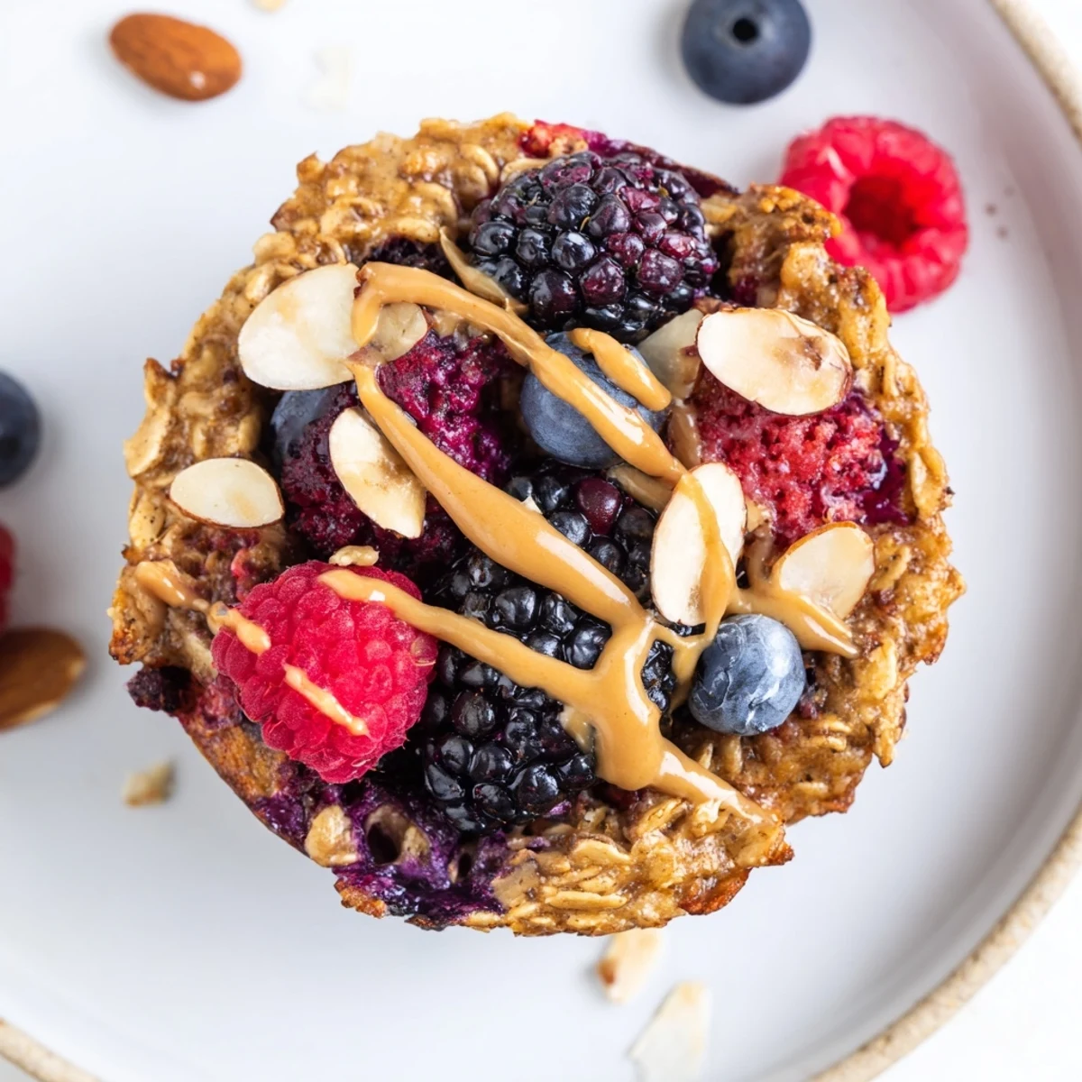 Warm baked oatmeal cups with winter berries, a tasty breakfast treat filled with almond butter.