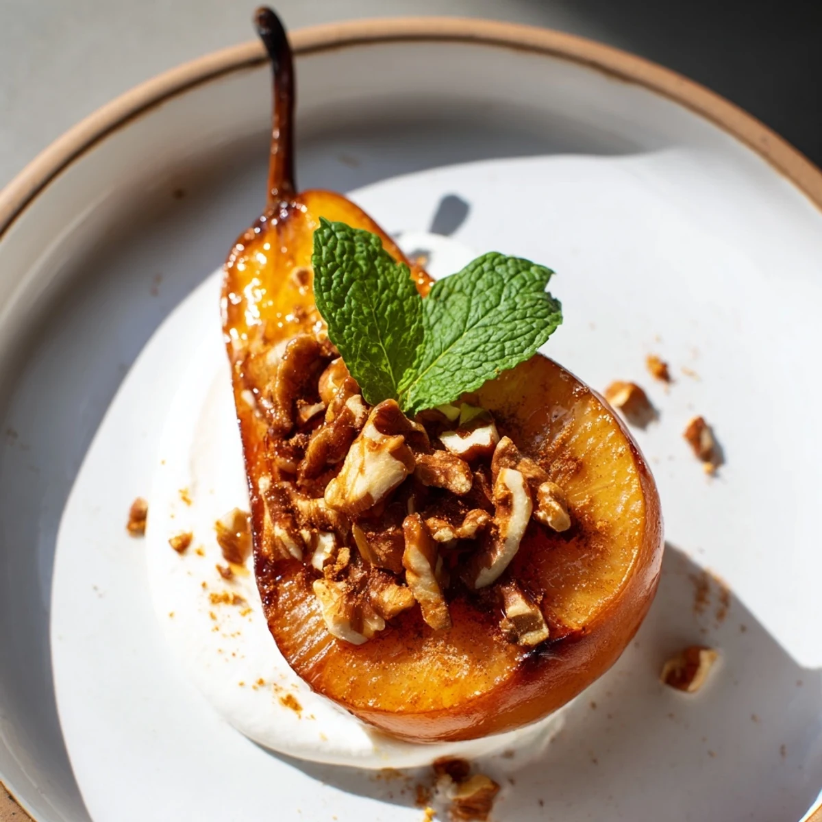 A close-up of tender roasted pears with cinnamon, adorned with walnuts and Greek yogurt.