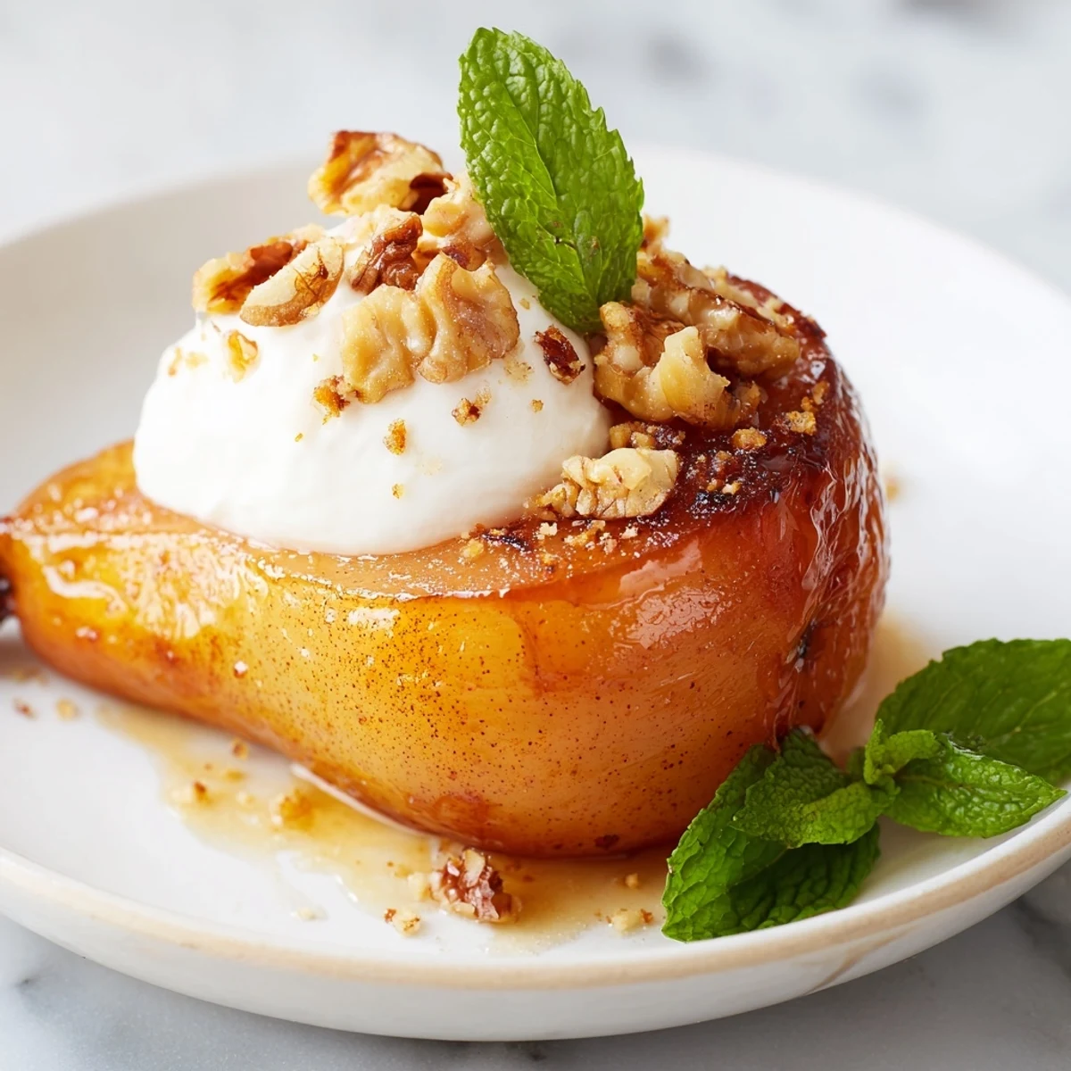 Golden-brown roasted pears, topped with walnuts and creamy Greek yogurt, featuring the delicious recipe.