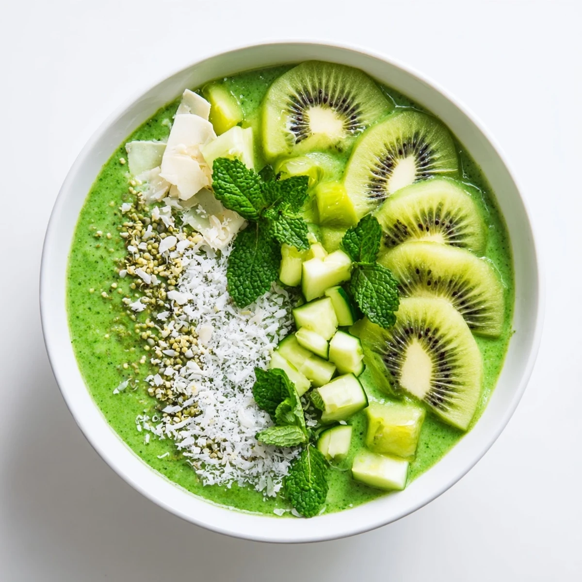 Delicious and healthy Green Smoothie Bowl topped with colorful kiwi and crunchy hemp seeds.