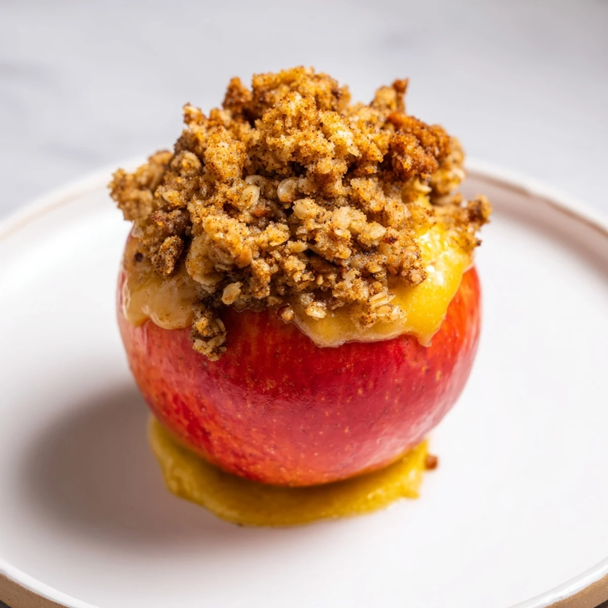 Golden Baked Apples with Oat-Nut Crumble showing a warm, inviting dessert filled with textures.