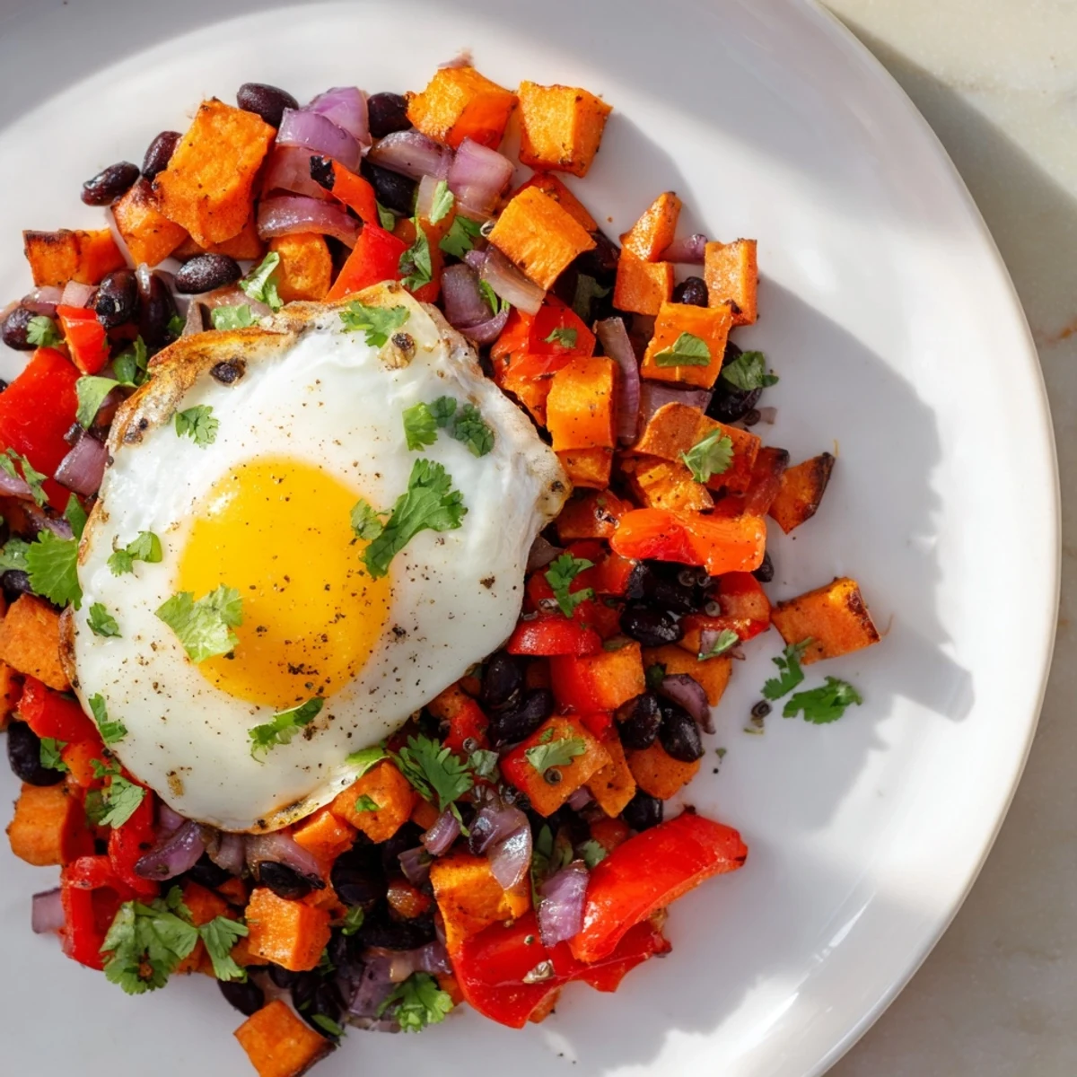 Skillet of hearty Sweet Potato & Black Bean Breakfast Hash, a savory vegetarian morning meal bursting with flavor.