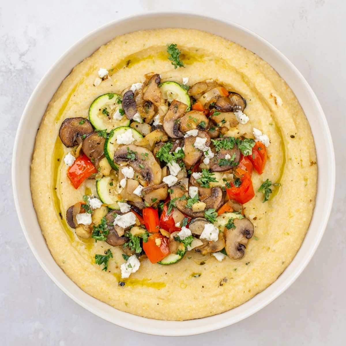 A close-up of delicious Cornmeal Mush Polenta Bowls garnished with fresh herbs and a fried egg.