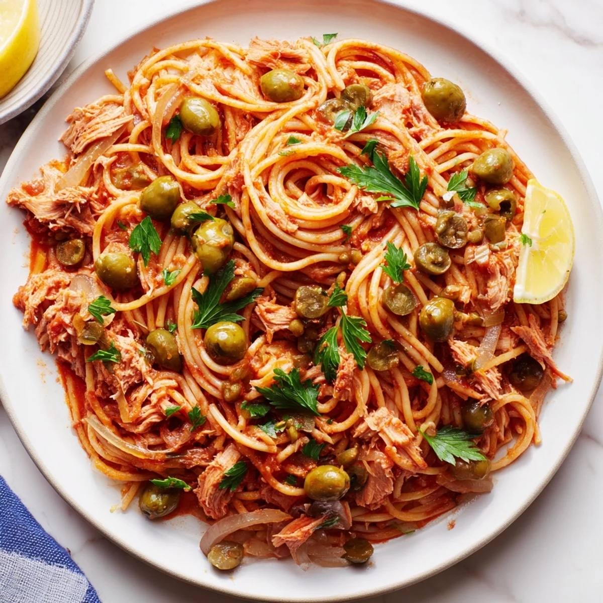 Warm pasta with tuna, olives & capers—a comforting Italian meal, generously garnished with parsley.